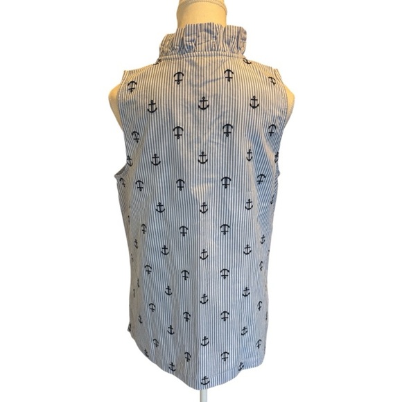 NWT Crown & Ivy Blue Striped Anchor Ruffled Sleeveless Top Sz L Nautical - Picture 6 of 6